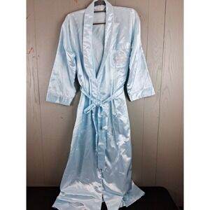 Vintage 70s Silky Satin Robe S Dressing Gown Brushed Cotton Blend Aqua Pink Trim